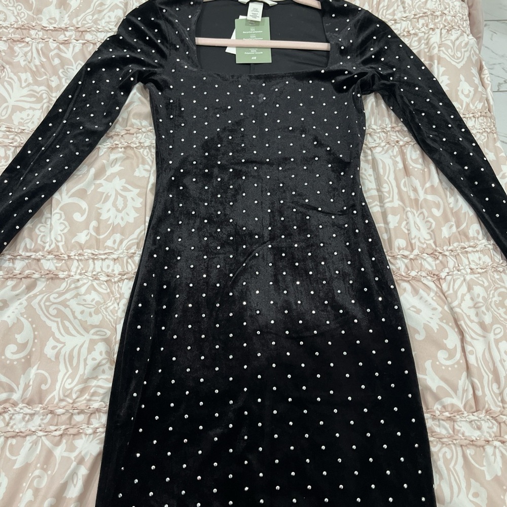 Elegant Black Velvet Dress with diamond Accents